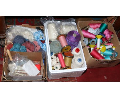 Three boxes of craft items to include yarns of wool, threads, rug making tools, patterns and associated bobbings etc.