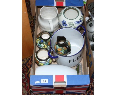 A vintage enamel flour tin and assorted ceramics including Belgian pottery.