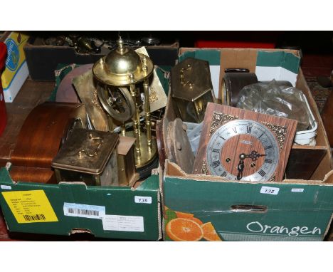 Two boxes of clocks and clock parts to include various pendulums, cases and movements etc.