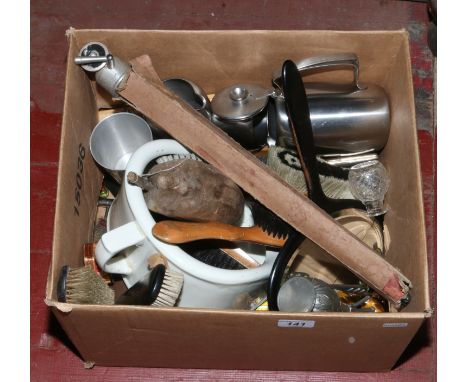 A box of miscellaneous including tripod, clothes brushes and Art Nouveau pewter vase etc.