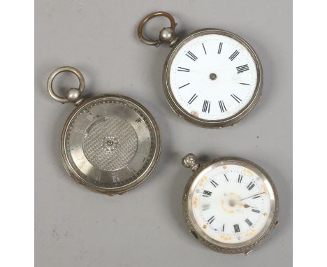 Three silver cased fob watches two with enamel dials for spares and repairs.