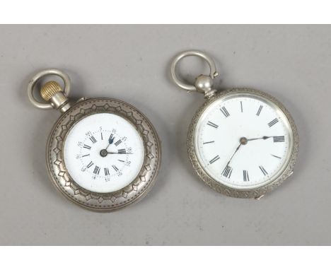 Two silver cased fob watches with enamel dials. Condition Report. To be used as a guide only. Not running, one missing glass.