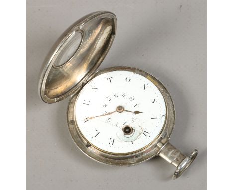 A Georgian silver hunter fusee pocket watch with verge escapement with white enamel dial inscribed Samuel Weston, the movemen