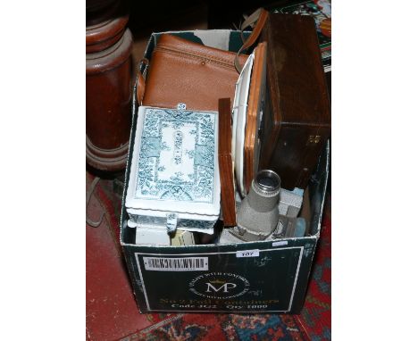 A box of miscellaneous and collectables Kodak box cameras, Hi Lyte projector, silver plate cutlery, oak cased canteen of cutl