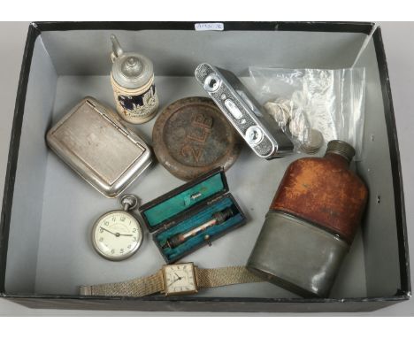 A box of collectable old six pence coins, pewter and leather hip flasks, Sekonda bracket wristwatch, tobacco box, vintage hyp