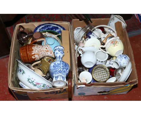 Two boxes of miscellaneous to include Delft, Copeland Spode, silver plate etc.
