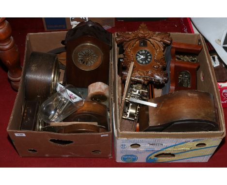 Two boxes of clocks for spares and repair to include wall clocks, mantle clocks, glass dome torsion clock etc.