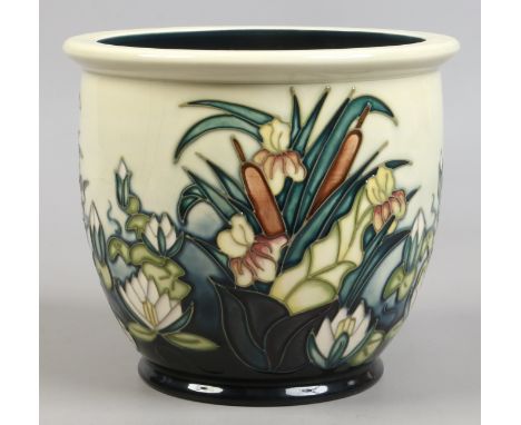 A Moorcroft planter decorated with waterlilies and bull rushes, approximately 17cm high x 19cm diameter.