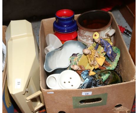 A box of miscellaneous to include Corona typewriter, West German pottery vase, art glass, Beswick ware etc.