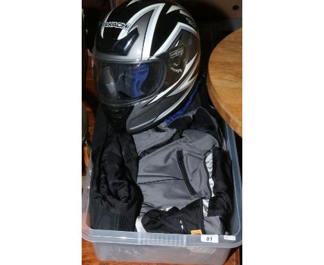 A quantity of motorcycle protective clothing to include a Takachi TK-30 full face helmet size medium, Frank Thomas multi seas