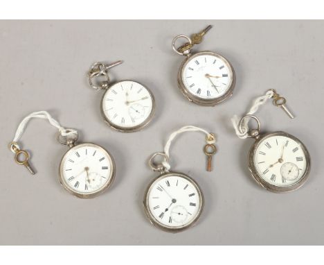 Five silver cased pocket watches each with enamel dial subsidiary seconds and with a key, assayed Chester 1889, 1905, 1899, B