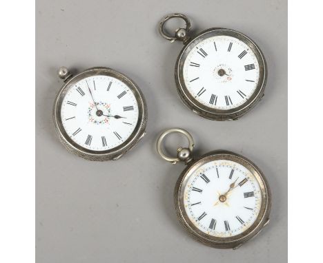 Three silver cased fob watches with enamel dials, spares or repair.