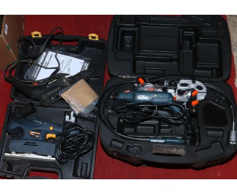 A cased Direct power sander, cased Black and Decker rotary tool wizard and a Black and Decker power drill, all cased and unus