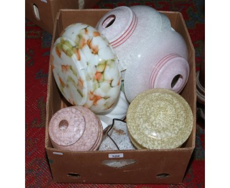 A box of mostly vintage coloured glass light shades.