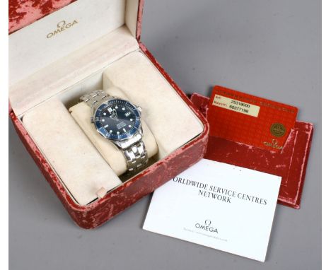 A gentlemans Omega Seamaster professional 300 stainless steel bracelet watch, James Bond edition with blue rotating bezel, ce