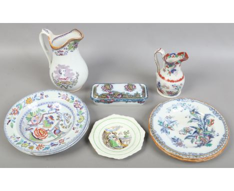 A collection of 19th century pottery including Victoria & Albert commemorative jug and Ashworth Bros plates etc.