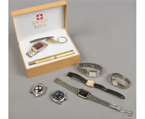 A gents Swiss line boxed bracelet watch gift set, two gents Rotary bracelet watches and four other watches.