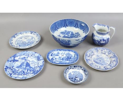 An early 19th century printed pearlware punch bowl and similar items including a Rogers willow pattern stand and a Don potter