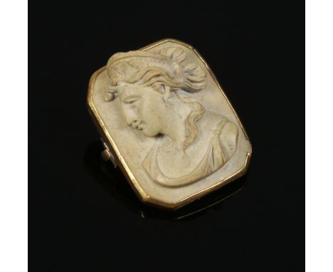 A gilt metal mounted lava cameo brooch, portrait of a maiden.
