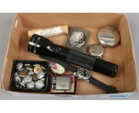 A box of collectables to include metal buttons, cotton traders wristwatch, Rototherm pocket thermometer, white metal photo fr