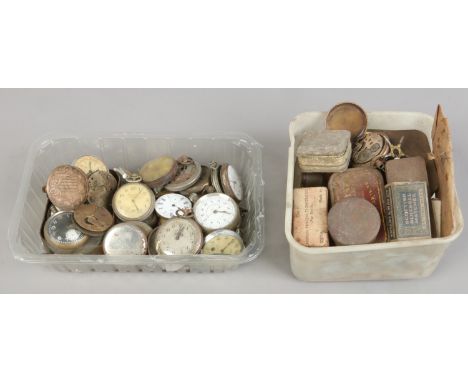 Two boxes of vintage pocket watches and pocket watch parts to include Liga best centre seconds chronograph.