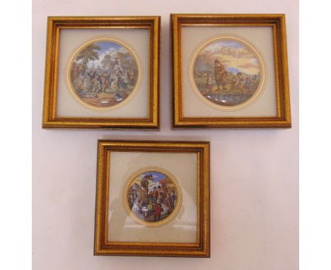Three framed and glazed ceramic pot lids of figures in traditional settings, 17 x 16cm