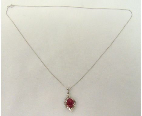 18ct white gold ruby and diamond pendant on a 9ct white gold chain, approx total weight 5.0g
