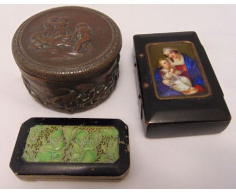Three covered boxes, one inset with enamel plaque