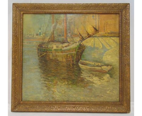 R D Pasquoll framed oil on canvas of a sailing boat moored at a dock, signed bottom right, 49.5 x 55cm