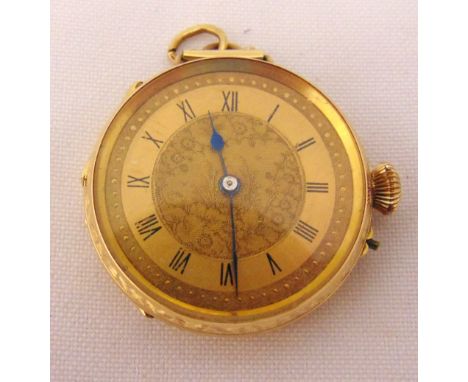 14ct gold open face pocket watch with Roman numerals to the engine turned dial, approx total weight 35.8g