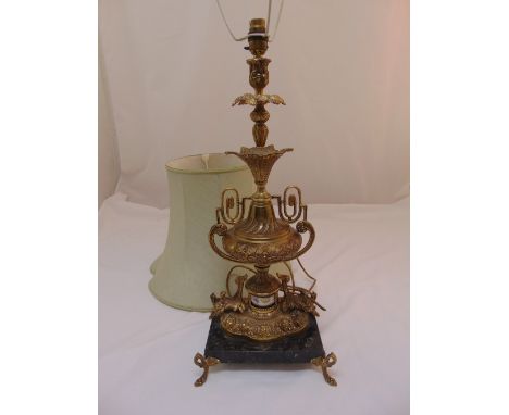 A gilt metal table lamp in the form of a classical urn on rectangular marble base to include silk shade, 62cm (h)