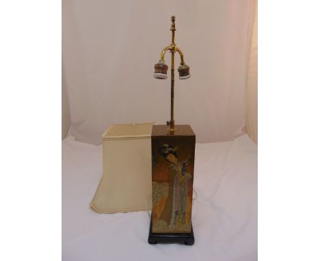 A Chinese style hand painted rectangular table lamp with silk shade, 71cm (h)