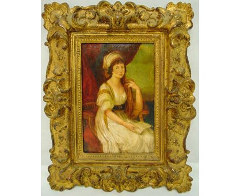 A framed oil on board portrait of a lady  in classical dress from the Studio Canals, 32 x 21.5cm