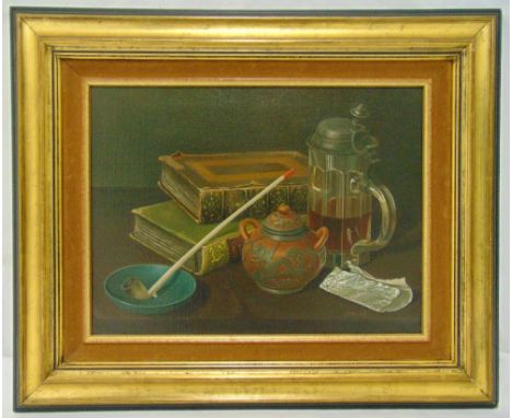 Bailey framed oil on canvas still life of a clay pipe, books and a stein of beer, signed bottom right, 29 x 39cm