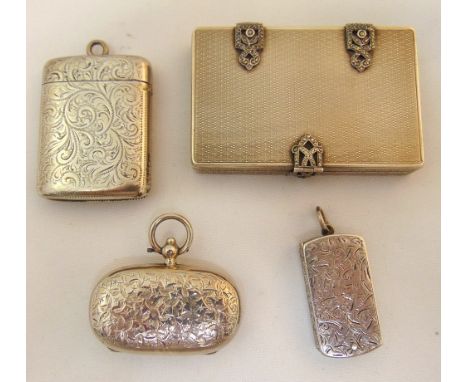 A quantity of silver and white metal to include two vesta cases, a sovereign case and engine turned box with marcasite hinges