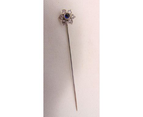 White gold cabochon sapphire and diamond stick pin, approx total weight 1.6g