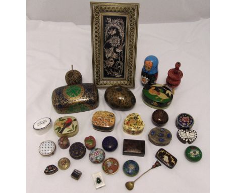 A quantity of papier-mâché, gilt and ceramic boxes, a Russian doll set, a carved wooden hookah base and framed Persian image 