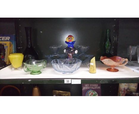 A Shelf of assorted glass ware including blue glass fruit set