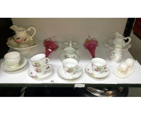 A mixed lot of teaware and 2 cranberry glass epergne baskets (both A/F)