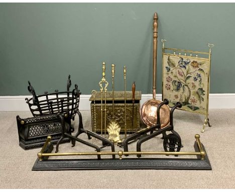 FIREPLACE FURNITURE to include two pairs of substantial iron fire dogs, fire basket, cast iron/brass fender, good brass fires