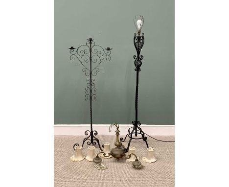 VINTAGE LIGHTING GROUP comprising two wrought iron standard lamps / candleholders, and a brass ceiling chandelier with glass 