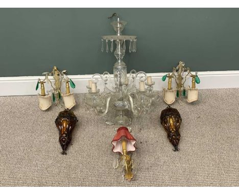 SELECTION OF CONTINENTAL &amp; OTHER LIGHTING including ceiling chandelier with hanging glass lustres, 74cms H, 63cms diam., 
