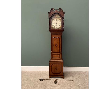 WILSON BARTON PAINTED ARCHED DIAL LONGCASE CLOCK before a single weight pendulum driven bell strike 30-hour movement (pendulu