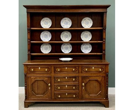 OAK NORTH WALES DRESSER - CIRCA 1860, well presented patina with blue and white dresser plates to a three-shelf rack, the bas