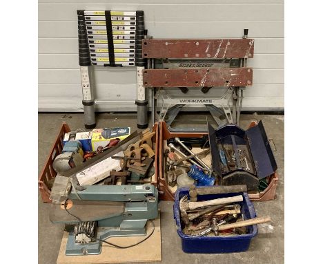 LARGE GROUP OF GARAGE CONTENTS including extending ladder, Black &amp; Decker workmate, tabletop scroll saw, bench top grinde