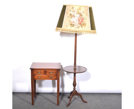 Reproduction mahogany standard lamp / table, height 130cm; and a small reproduction side table, with three drawers, inlaid ou