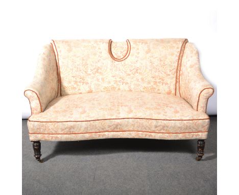 Edwardian sofa, patterned cotton brocade upholstery, on turned ebonised legs, length 145cm, height 83cm.