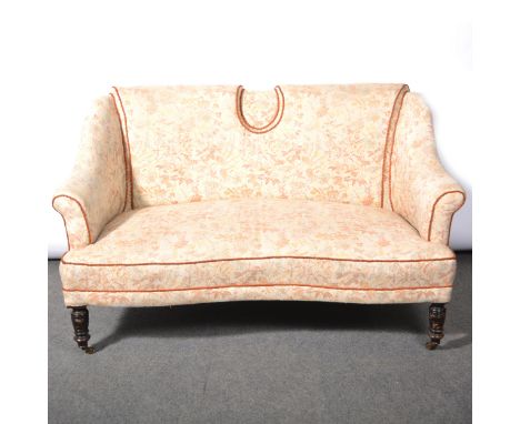 Edwardian sofa, patterned cotton brocade upholstery, on turned ebonised legs, length 145cm, height 83cm.