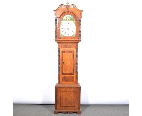 Oak and mahogany longcase clock, the hood with brass finial and swan neck pediment, half turned columns, short inlaid door fl