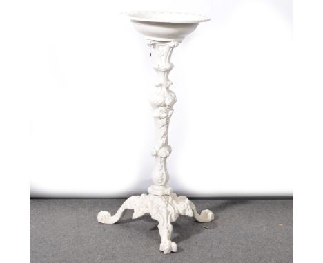 Coalbrookdale type painted cast iron stand, shallow bowl supported on a cast pedestal on tripod base, 74cm high,